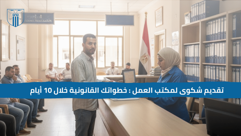 رجل يتقدم بشكوى في مكتب العمل المصري، بينما موظفة تستقبله أمام مكتبها وبجوارها ملفات قانونية وعلم مصر في الخلفية.