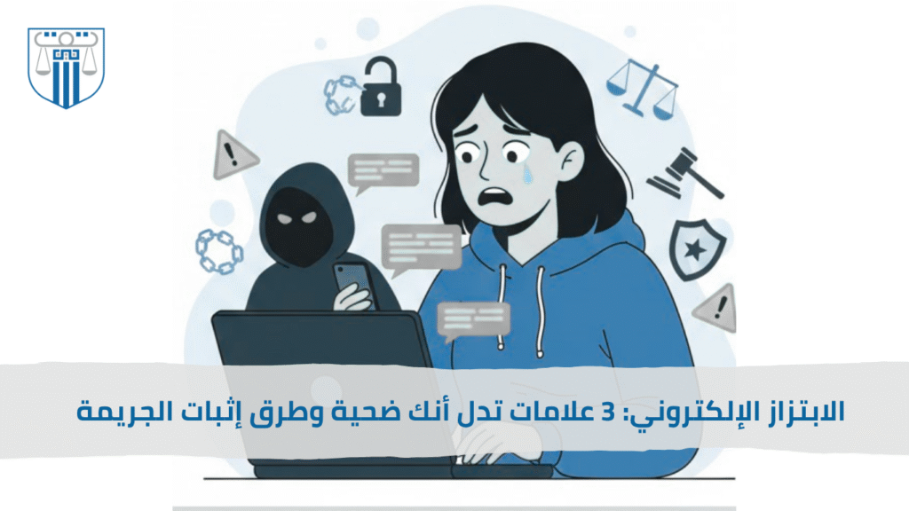 صورة توضح فتاة تتعرض للابتزاز الإلكتروني عبر الإنترنت من مجهول يرتدي قناعًا أثناء استخدام الحاسوب، مع رموز الأمان والعدالة في الخلفية.