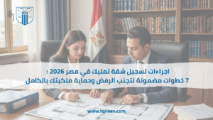محامٍ يراجع مستندات مع عميلة داخل مكتب قانوني في مصر أثناء مناقشة إجراءات تسجيل شقة تمليك، مع وجود علم مصر وملفات قانونية على المكتب.